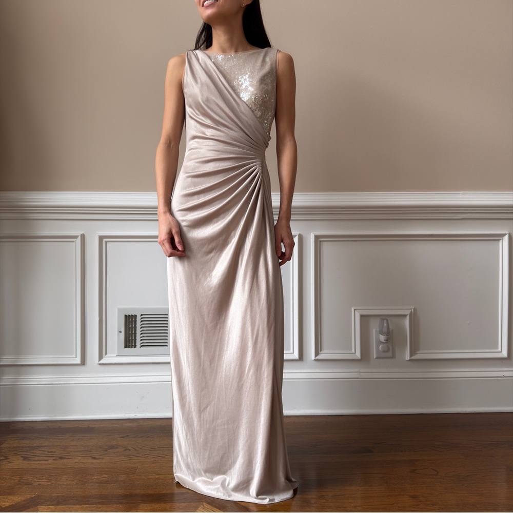 Adrianna Papell One-Shoulder Champagne Sequin Gown